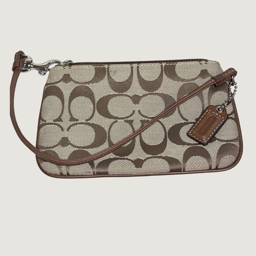 Coach Khaki Brown Signature C Jacquard Leather Trim Small Wristlet